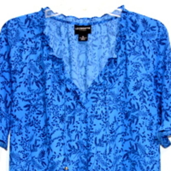 Liz Claiborne Career Women’s Blue Floral Neck Ruffles Short Sleeve V-Neck Top XL - Picture 3 of 9